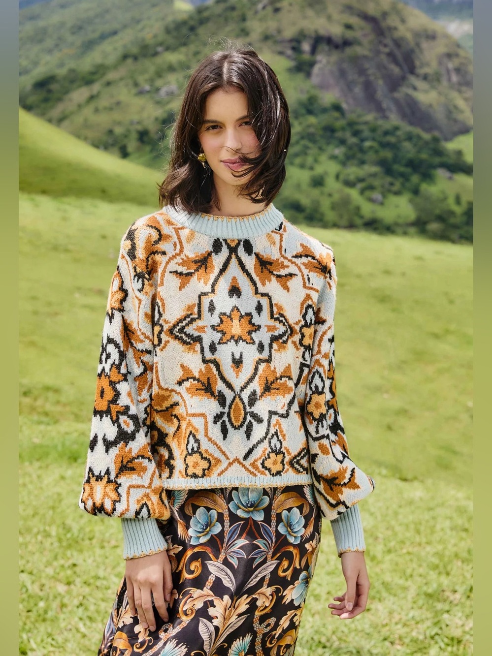 Farm Rio: Blue Winter Tapestry Sweater